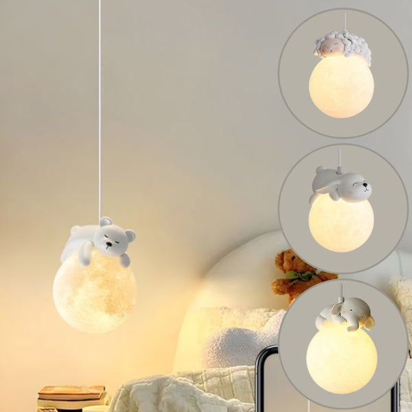 Four kids' pendant lights in the shapes of a rabbit, dog, elephant  and sheep, each animal perched on a moon lampshade. The lights emit a soft, warm glow, enhancing the intricate details of the moon lampshade.